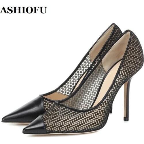 ASHIOFU Newest Hot Sale Womens High Heels Pumps Air-mesh Net Leather Party Prom Shoes Slip-on Pointy Evening Fashion Pump Shoes
