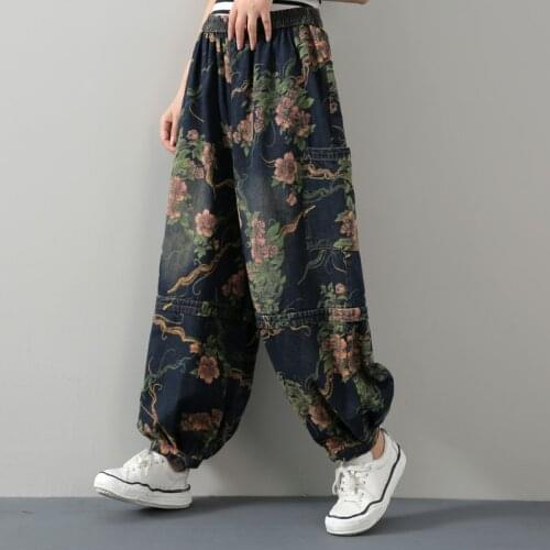 Johnature Women Vintage Denim Wide Leg Pants Elastic Waist Loose Spring Trouser 2021 New Print Floral Pockets Long Pants