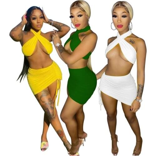 Sexy Bra Bandage Skirt Sets Summer Club Outfit Women Halter Backless Strap Crop Top + Tight Drawstring Knee Skirt Two Pieces Set