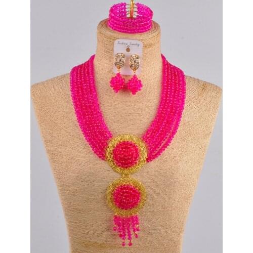 Fuchsia pink african beads jewelry set crystal nigerian wedding necklace costume jewelry set for women 6CLS01