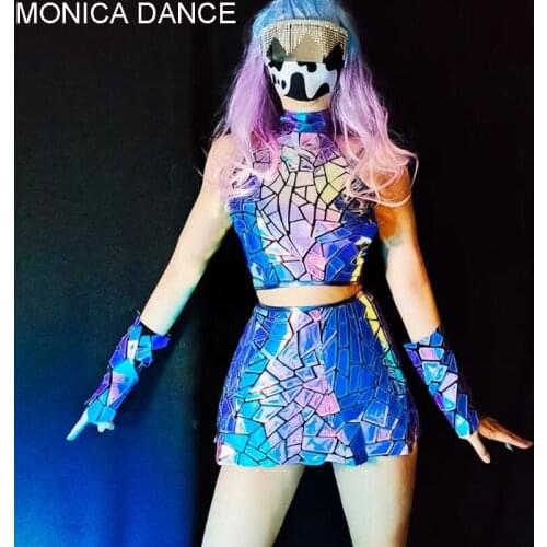 Women Sexy Shinny Mirror Jazz Dance Costume Purple Blue Tops Skirt Outfit Bar Nightclub Stage Wear Dancer Performance Set
