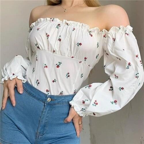 Summer Clothes For Women 2021 Y2k Floral Ruched Trendy Strapless Sexy Crop Top Prairie Chic Princess Sleeves Printing Top Shirt