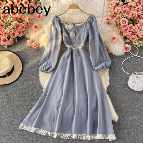 2021 New Spring Autumn Vintage Square collar Long Sleeve Dress Lace patchwork single breasted high waist mid-long A-line Dress