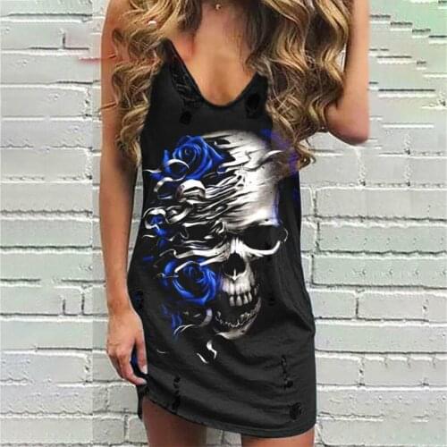 Women 2020 Summer New Skull Print Fashion Casual Sleeveless Mini Dress Hole V-neck Vest Punk Plus Size Loose Y2k Dresses