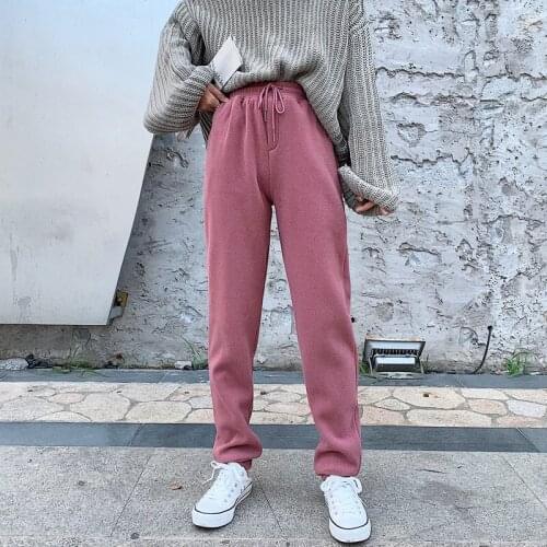 Winter new street fashion solid color woolen plus velvet casual pants women, elastic waist thickened wild thin pants