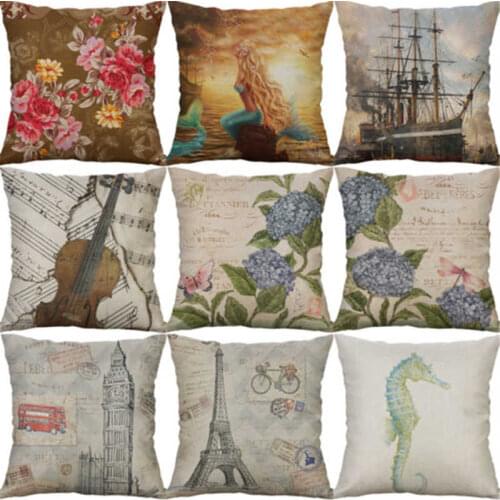 18" Printing Retro sea horse whale flower Cotton Linen Pillows case Home Decor