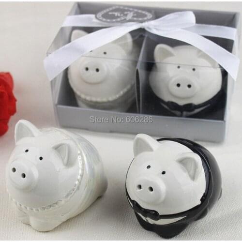 60pcs=30sets ceramic wedding favors of pig bride and groom couple salt and pepper shaker sets in gifts souvenirs