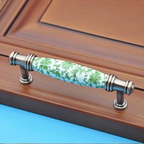 96mm Fashion creative ceramic vintage furniture handle red bronze drawer cabinet pull green porcelain dresser door handle knob