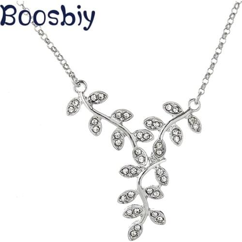 Boosbiy High Quality Crystal Long Leaf Zircon Silver Plated Brand Plant Pendant Necklace Jewelry for Women Party Jewelry Gift