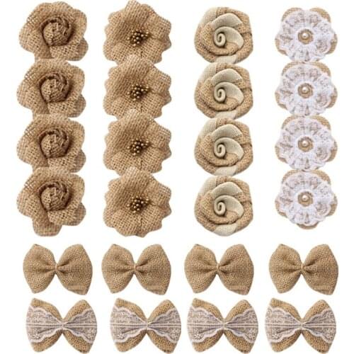 24pcs/lot 6-8cm Handmade Jute Hessian Burlap Flowers Rose Jute Fabric Bow Wedding Decor Christmas Party DIY Clothes Accessories