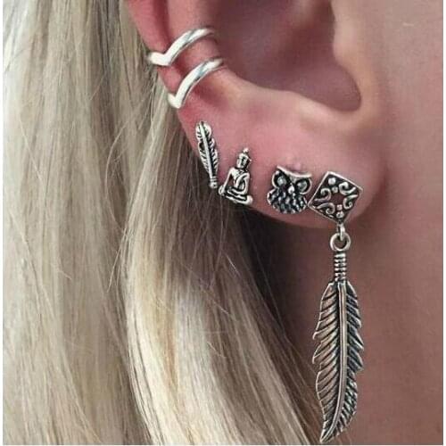 Ex890 Europe Fashion Vintage Gothic simple alloy owl leaves Geometric circle earrings ear clip 2021 trend Womens Jewelry