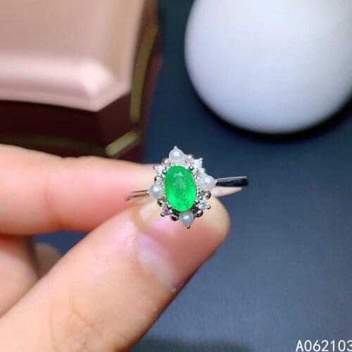 KJJEAXCMY fine jewelry 925 sterling silver inlaid natural emerald Womens delicate elegant pearl adjustable gem ring support tes