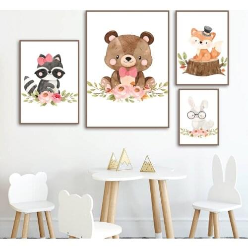 Rabbit Hedgehog Bear Squirrel Fox Raccoon Cute Animal Childrens Room Living Room Decoration Painting Canvas Hanging Wall Poster