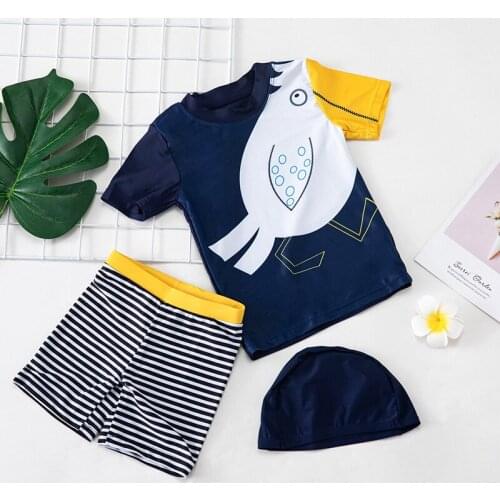 Bird Print Short Sleeve 3-Piece Set Swimwear for Children UPF50 Swimsuit Kids Baby Boy Bathing Suits 2021 Suit for Boys Swimming