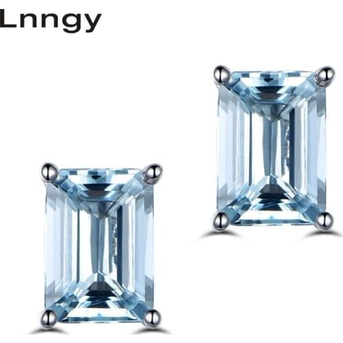 Lnngy 1 Carat Natural Light Blue Emerald Cut Earrings Women Engagement Square Stud Earring Anniversary Fine Jewelry Girl Gift