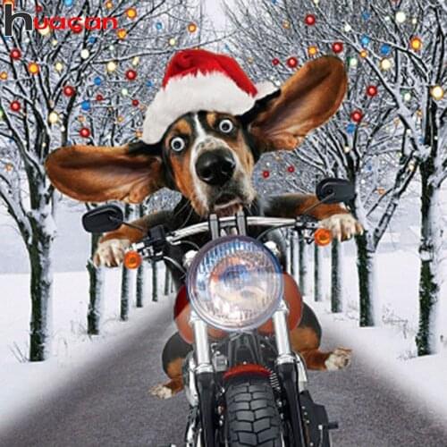 Huacan Full Square/round Diamond Painting Kit Dog Christmas Mosaic Winter Motorcycle Road Embroidery Snow Home Decor