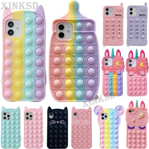 Fidget Toys Push It Bubble Relive Stress Phone Case For Iphone 11 12 Pro Max 6 6s 7 8 Plus X XR XS SE2 3D Cartoon Silicone Cover