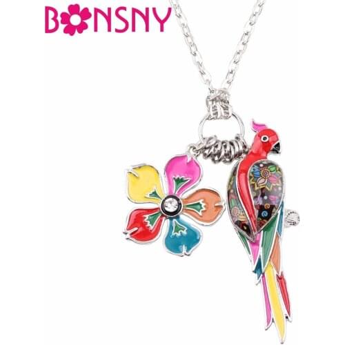 Bonsny Tropics Summer Collection Alloy Sunning Flower Parrot Birds Necklace Chain Enamel Jewelry Statement Pendant Charm NEW
