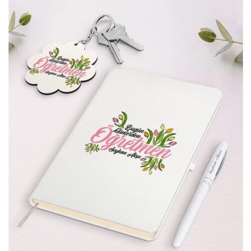 Personalized Day Today Teacher White Notebook Pen And Keychain Gift Seti-1