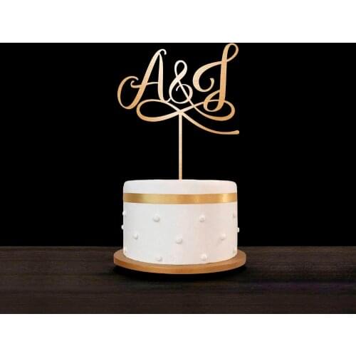 Personalized Engagement Wood Cake Topper Laser Out Initials Cake Topper Custom Gold Mirror Acrylic Wedding Monogram Cake Topper