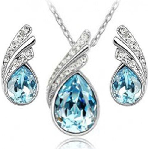 QiLeSen Fine jewelry s925 sterling silver color suitable for ladies wedding sea blue crystal set necklace earrings set yw021