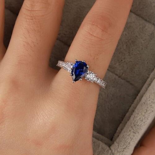 Luxury Crystal Water Drop Wedding Ring Cute Female Small Blue Sapphire Ring Real 925 Sterling Silver Engagement Rings For Women