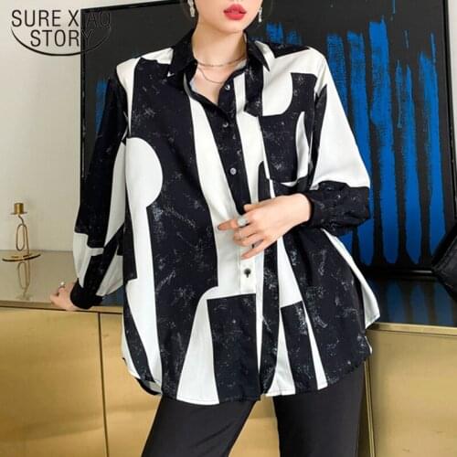 Long Sleeve Black White Printed Shirt Women Tops Loose Blouse Office Lady Shirts Fashion Women Clothing Casual Blusas Chic 17172