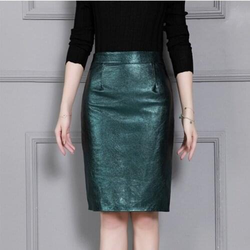 Green Genuine Leather Office Lady Slim Straight Sheepskin Real Leather Skirts Women New High Waist Solid Autumn Midi Long Skirts