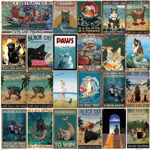 Funny Cat Fishing Metal Vintage Tin Sign Plate for Beach Coffee Kitchen Bar Rustic Home Retro Outdoor Decor Gift for Cat Lover