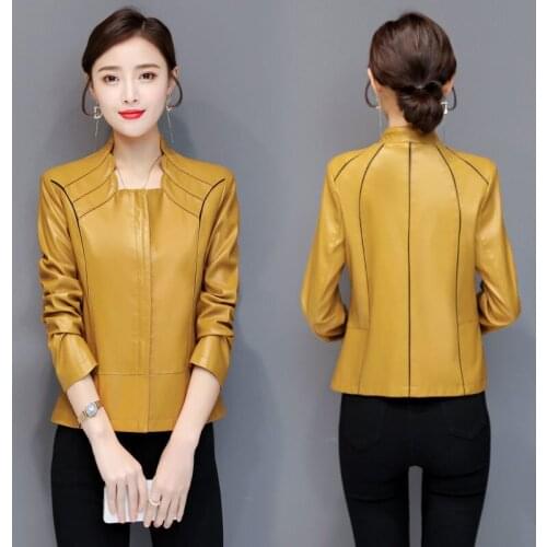 High Quality 2021 Spring Autumn New Middle-aged Women Zipper Up PU Faux Leather Loose Stand Collar Fashion Short Jacket Y495