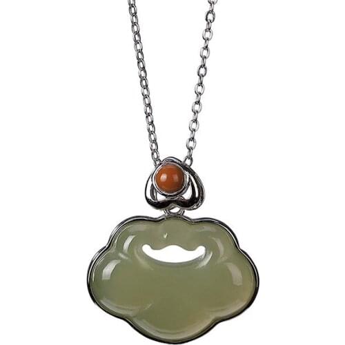 925 sterling silver natural Hetian gray jade pendant retro personality and minimalism Ruyi ladies clavicle chain pendant