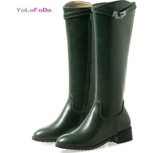 2021 Autumn Winter Women Knee High Boots PU Leather Ladies Knight Boots Comfortable Low Square Heel Calf Boots for Female Green