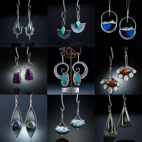 Boho Ethnic Imitate Blue Opal Stone Spirals Earrings for Women Girl Vintage Handmade Metal Swirl Shape Drop Earring Pendientes