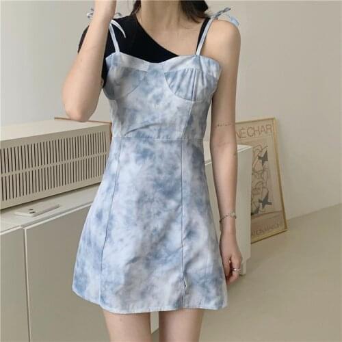 Two Piece Suit Women Summer Print Pleated Dress Suit Sweet Chic Strapless Dress+Shoulder Strap T-shirt