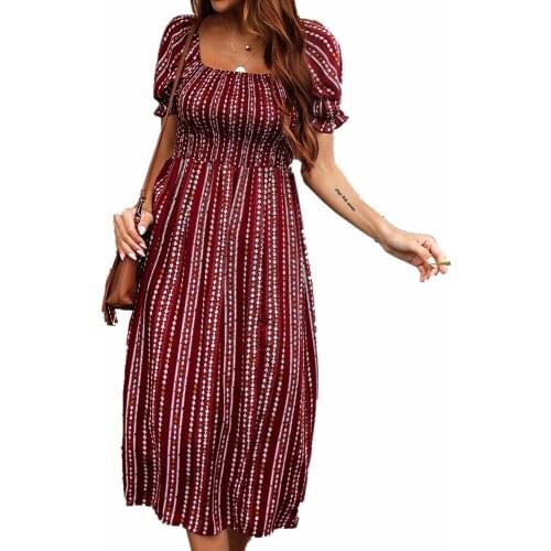 2021 Summer Women Casual Print Holiday Ladies Clothing Red Fashion Puff Sleeve Long Dress Sexy Backless Slit Beach Party Dresses