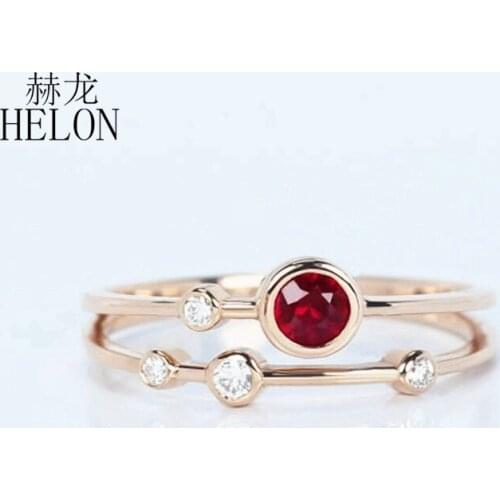 HELON Solid 14K AU585 Rose Gold Round 0.276ct Genuine Ruby Diamonds Engagement Ring Women Trendy Fine Jewelry Gemstone Ring