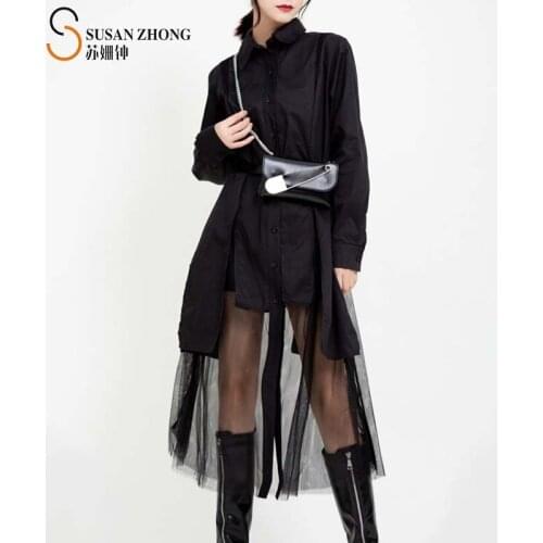 Women Dress Female One-Piece Japanese Style Designer Fall Spring Straight Turn-Down Collar Lantern Sleeve Gauze Spliced Button