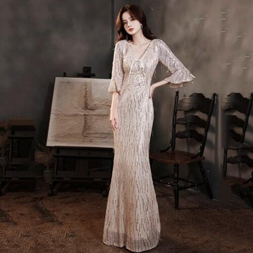 Evening Dress Sexy V-Neck Sequins Zipper Back Ruched Floor-length Mermaid Half Sleeves Plus size Women Formal Party Gown C793