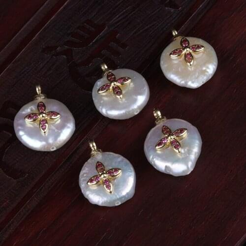 Gold wine red cz zircon paved flower charms flat natural freshwater pearl bead pendant charm for jewelry diy making for choker