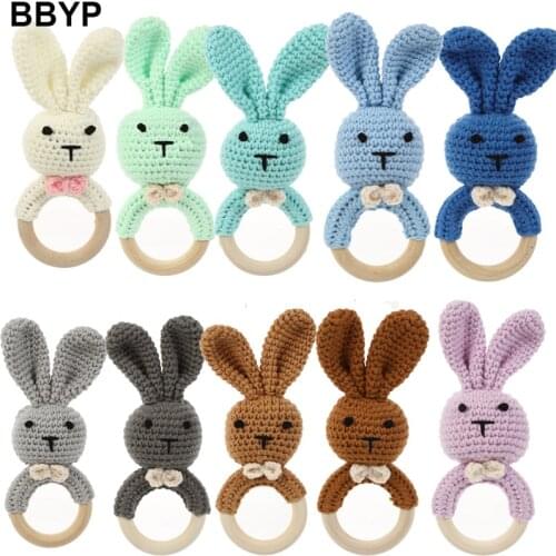 1-2Pcs Baby Teether Rattle Toys Rabbit Crochet Wooden Teething Ring Baby Teether Cot Hanging Toy Baby Products DIY Crafts