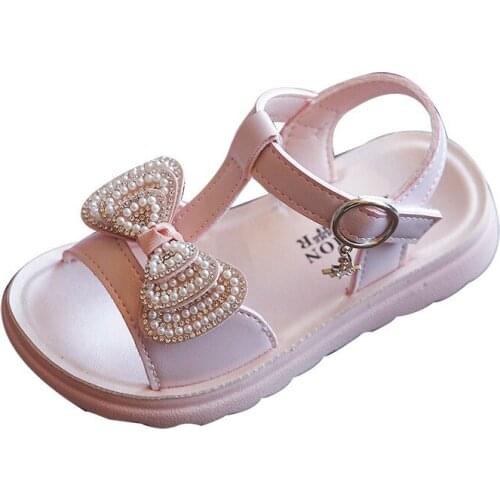 2021 Summer Newest Kids Girls Sandals Soft Bottom Bow Princess Sandals Pearl Diamond Non-slip Childten Beach Shoes Size 22-38