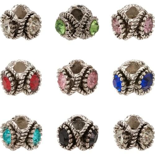 50pc Alloy Rhinestone European Beads Vintage Large Hole Beads for Fashion Bracelet Making Jewelry Beads Antique Silver Color