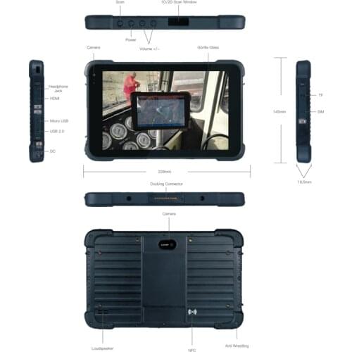 8 Inch Rugged Handheld Industrial Tablet Windows 10 Home / Pro NFC Reader 2D Barcode Scanner
