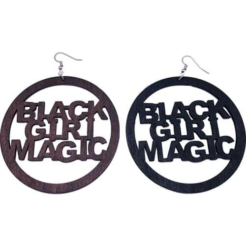 Free shipping! 3 inch Round Black Girl Magic Wooden Earring can mixed 2 colors