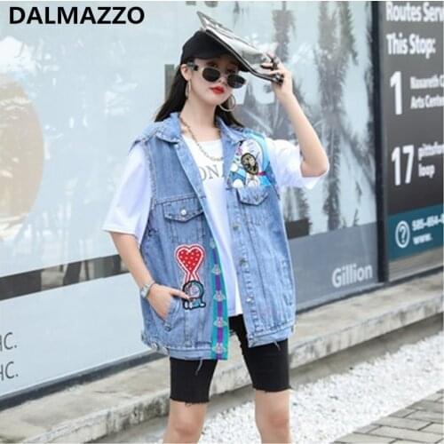 DALMAZZO 2021 Autumn Designer Women Single-Breasted Sleeveless Loose Denim Vest Jacket Coat Fashion Cartoon Beading Tops Mujer