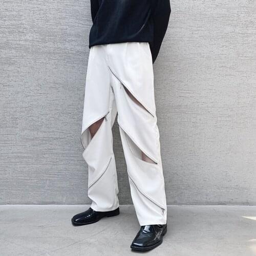 Spring Summer Mens Straight Suit Pants Zipper Decor Hollow Out Casual Long Trousers Black White D48