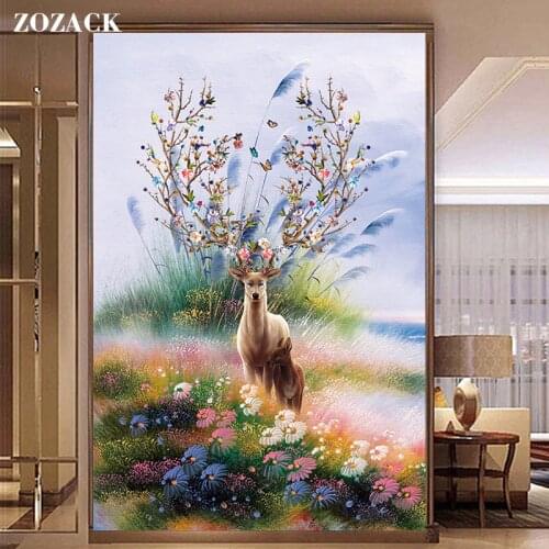 Zozack Cross Stitch Embroidery Kits 11CT Deer and flower print pattern Cotton Silk Thread DIY Needlework DMC New Year Home Decor