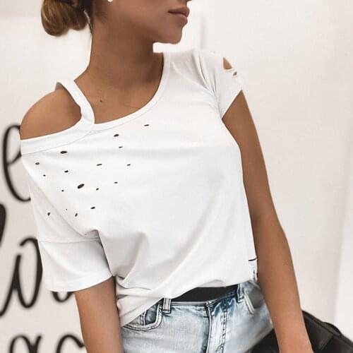 Sexy Hole T Shirt Womens Summer Solid Color Off Shoulder Elegant White T-Shirt Casual Plus Size Harajuku Top ropa mujer