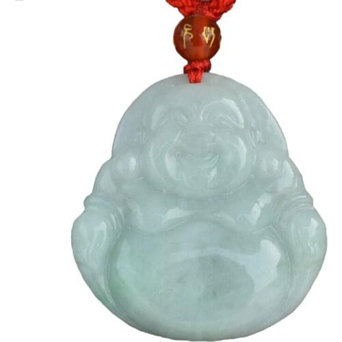 Drop Shipping Women Emerald Necklace Pendant Natural Jadeite Jade Laughing Buddha Maitreya Pendant Gift for Men Fine Jewelry
