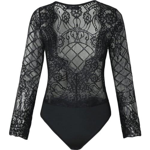 Long Sleeve See Through Hollow Out Deep V Neck Sexy Bodysuits Women Lace See-through Jumpsuit Bodycon Bodysuit Leotard